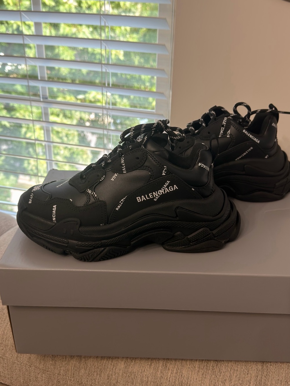 Authentic Balenciaga Triple S All Over Logo Sneakers Black EU 36 US 6 w/ Box